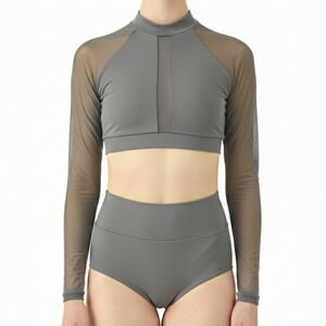 BalTogs Gray mesh Long Sleeve Two-Piece charcoal dance dancewear outfit NWT CL